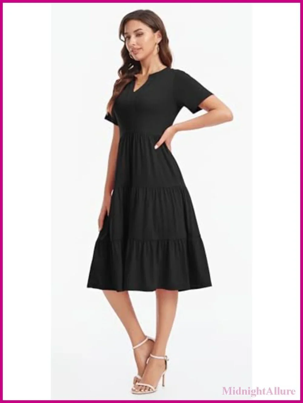 Casual V Neck Flowy Swing Midi Dress with Pockets